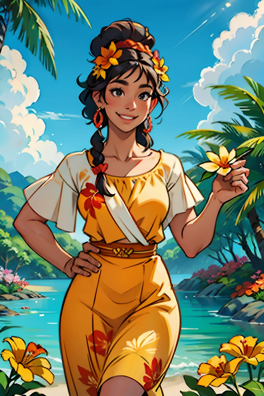 A woman who is a beautiful smiling, native Hawaiian hula woman, holding a flower to her nose, background is a tropical garden, mood is delicate, sensitive, loving, happy, daytime light, character design.