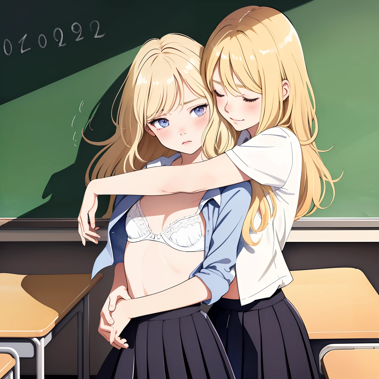 (superflat, flat shading, flat colors:1.1), (classroom), 2girls, young teen, schoolgirl, slim, small breast, blonde hair, school uniform, open shirt, white bra, (hugging from behind), emotional, love, blush, standing by blackboard, bright sunlight, best shadows, watercolor