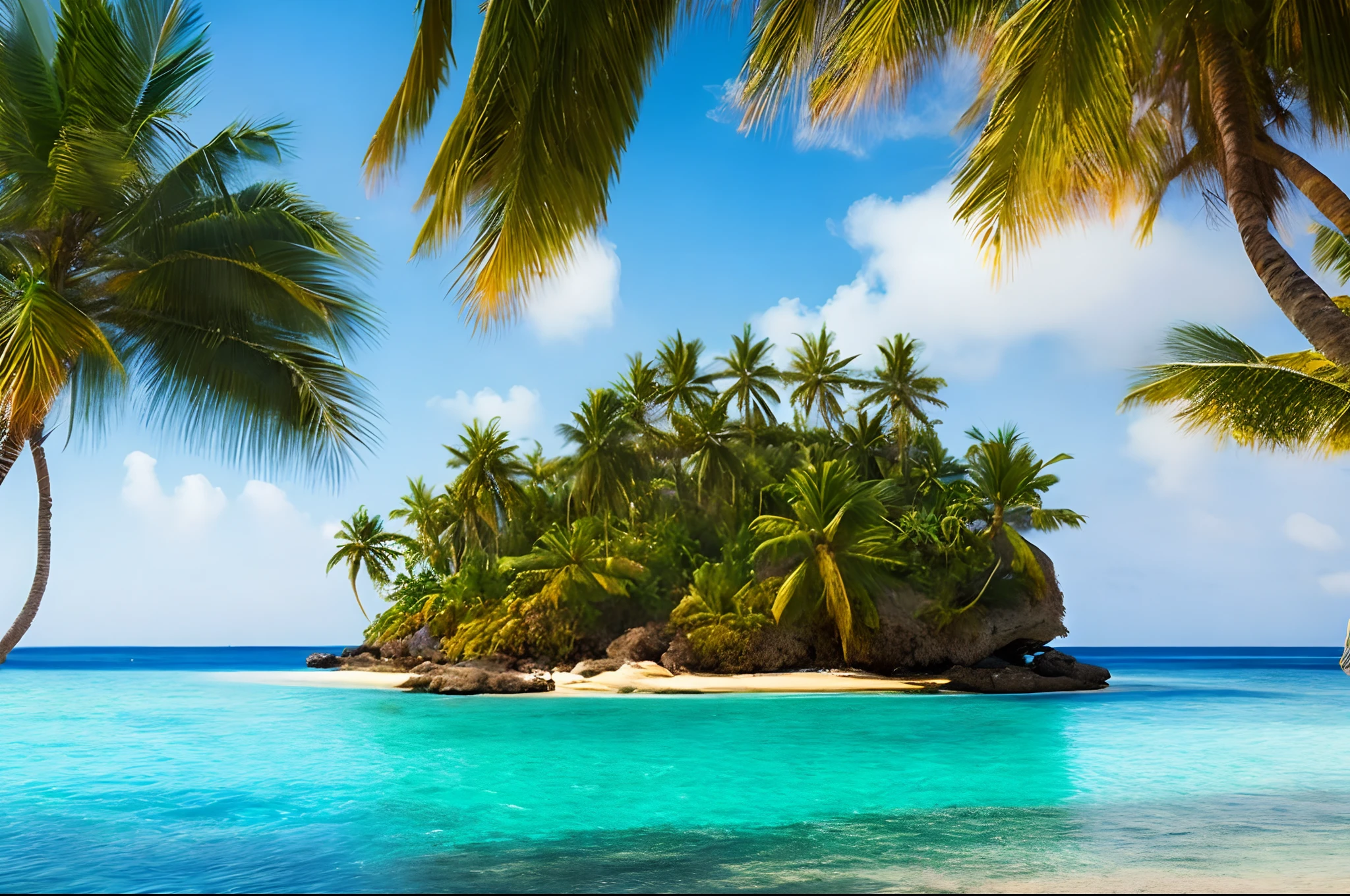 arafed island with palm trees and a sandy beach, tropical island,an island, island in a blue sea, floating island, tropical location,no human being,virgin land