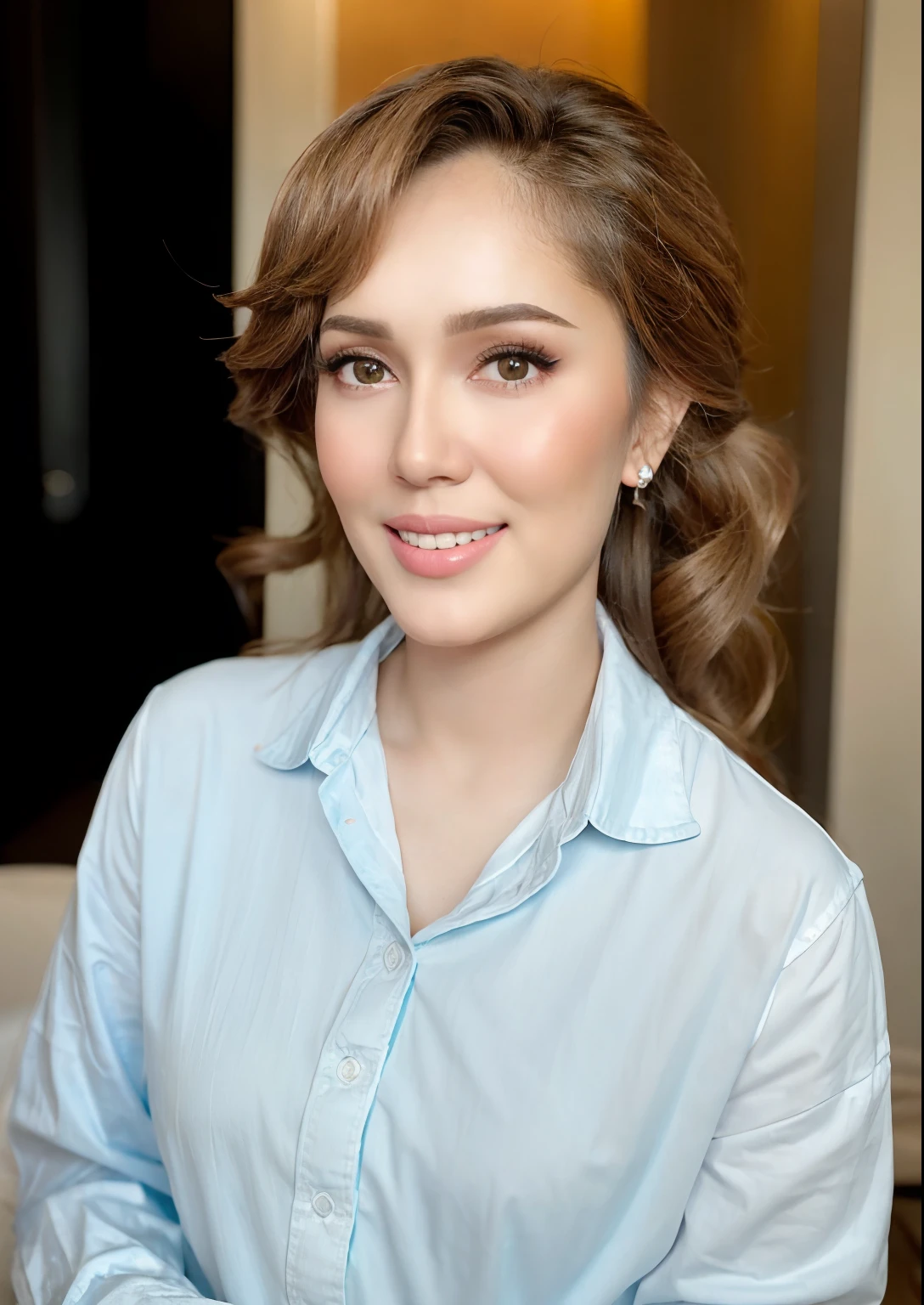 a young woman posing for a photo, curls_hairstyle:0.6, (platinum blonde hair), (blue shirt short sleeves), (smiling:1.3), good hand,4k, high-res, masterpiece, best quality, head:1.3,((Hasselblad photography)), finely detailed skin, sharp focus, (cinematic lighting), collarbone, night, soft lighting, dynamic angle, [:(detailed face:1.2):0.2],(((5 stars hotel))), outside,