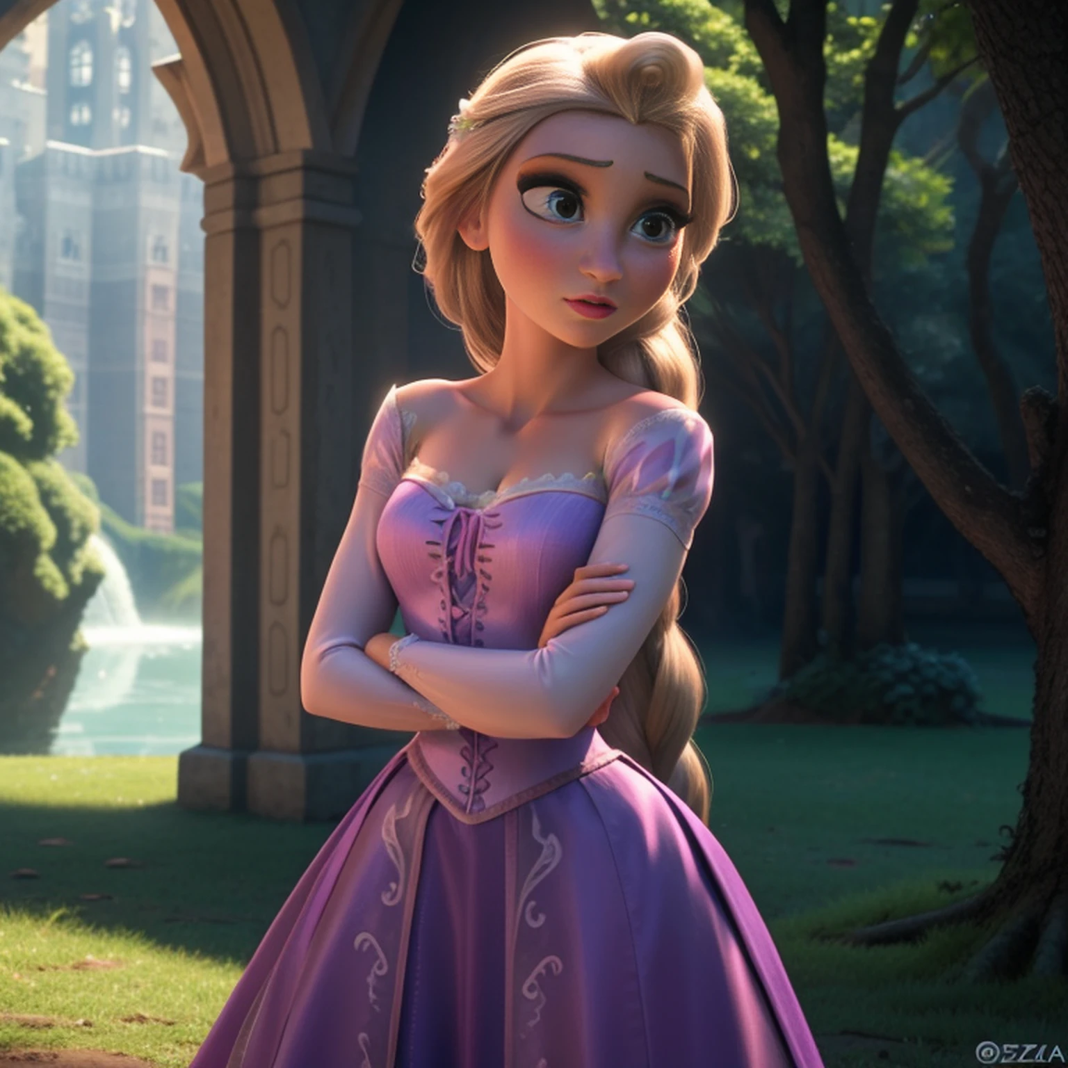 Elsa-Rapunzel Fusion, Mesclando modelos, Roupas da Rapunzel, melting, 1girl, Beautiful, character, Woman, female, (master part:1.2), (melhor qualidade:1.2), (sozinho:1.2), ((pose de luta)), ((campo de batalha)), cinemactic, olhos perfeitos, pele perfeita, perfect lighting, sorrir, luz, cor, pele texturizada, detalhe, Beleza, maravilha, ultra-detalhado, rosto perfeito