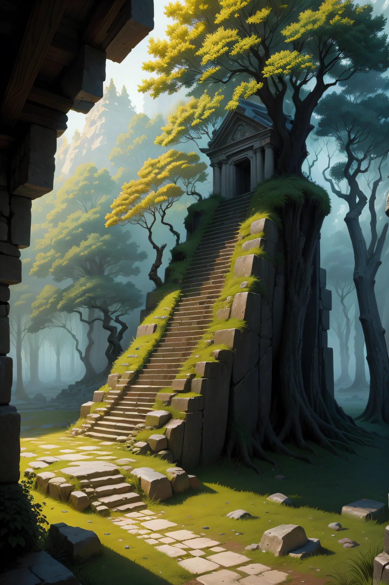 The rough stone of ancient times has become staire, mysteries temple forest