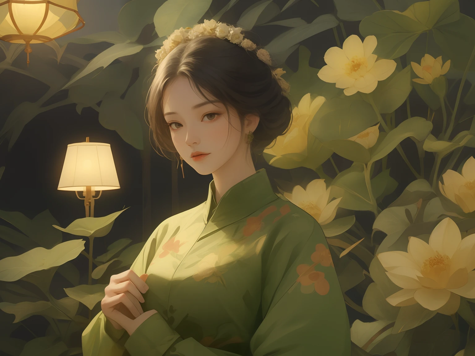 Best quality、tmasterpiece、A high resolution、1 flat-chested girl、HD photo of upper body、Green porcelain soft satin dress、Green dress,Green robe,Delicate hair accessories、Fine Necklace、detailed jewellery、pretty face、Physically、Flat and thin body,smallunderboob,Tyndall effect、realisticlying、Surrounded by white flowers、White flowers,edge lit、Surrounded by white flowers、bicolor lighting、(highdetailskin:1.2)、8K, Ultra HD、Digital SLR、softlighting、high high quality、volumettic light、sneak shot、photore、A high resolution、4K、8K、The background is blurred out,