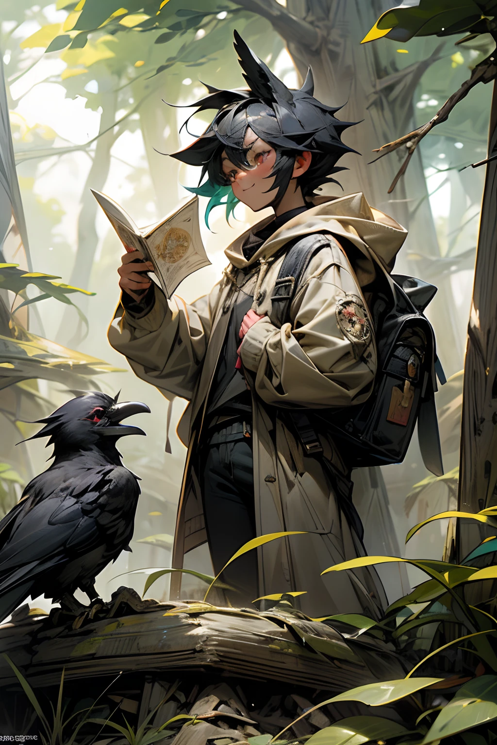 Create an image of a picturesque park bathed in warm, late afternoon sunlight. The park features rolling green hills, scattered trees with leaves gently swaying in the breeze, and colorful wildflowers blooming along a winding pathway. In the foreground, near the base of the largest hill, depict two adorable chibi characters, Raven and Hoodie. Raven, on the left, is a chibi boy with a distinctive raven-themed appearance. He wears a stylish, black hoodie adorned with intricate raven feathers and sports a raven-shaped head. His expression radiates excitement and curiosity as he gazes at the treasure map. Hoodie, on the right, is a chibi girl dressed in a cute, pastel-colored hoodie with a playful design featuring adorable critters. She carries a small, well-worn backpack on one shoulder, hinting at her adventurous spirit. Her face is lit up with an eager and cheerful smile as she leans in close to examine the treasure map with Raven. The treasure map, partially unfurled between them, is weathered and aged, showing signs of past adventures. It prominently displays a marked "X" in a bold, vibrant red circle, indicating the treasure's location. Rays of sunlight filter through the trees, casting warm, dappled shadows across the scene, creating a tranquil and inviting atmosphere in the park.