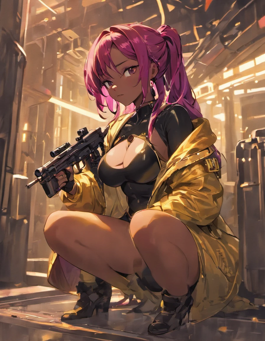 a dark skin woman of Latina descent sitting on the ground, a close up of a person holding a gun in a city, 1girl with techwear jacket, long braided hair((two-toned hairstyle)), sexy tech clothes, holding sniper rifle, scar on left cheek, cabelo longo preto, superdetalhado, cyberpunk goggles on forehead, super sharp, abstract scifi background, ray tracing, cinematic lighting, (gold:1.5, magenta l:1.3 black:1.4) sexy tech clothes, big breasts, thick thighs, wide, hips, holding sniper rifle, cabelo longo preto, superdetalhado, super sharp, abstract scifi background, ray tracing, cinematic lighting, (gold:1.5, magenta l:1.3 black:1.4), inspired by Ana from Overwatch