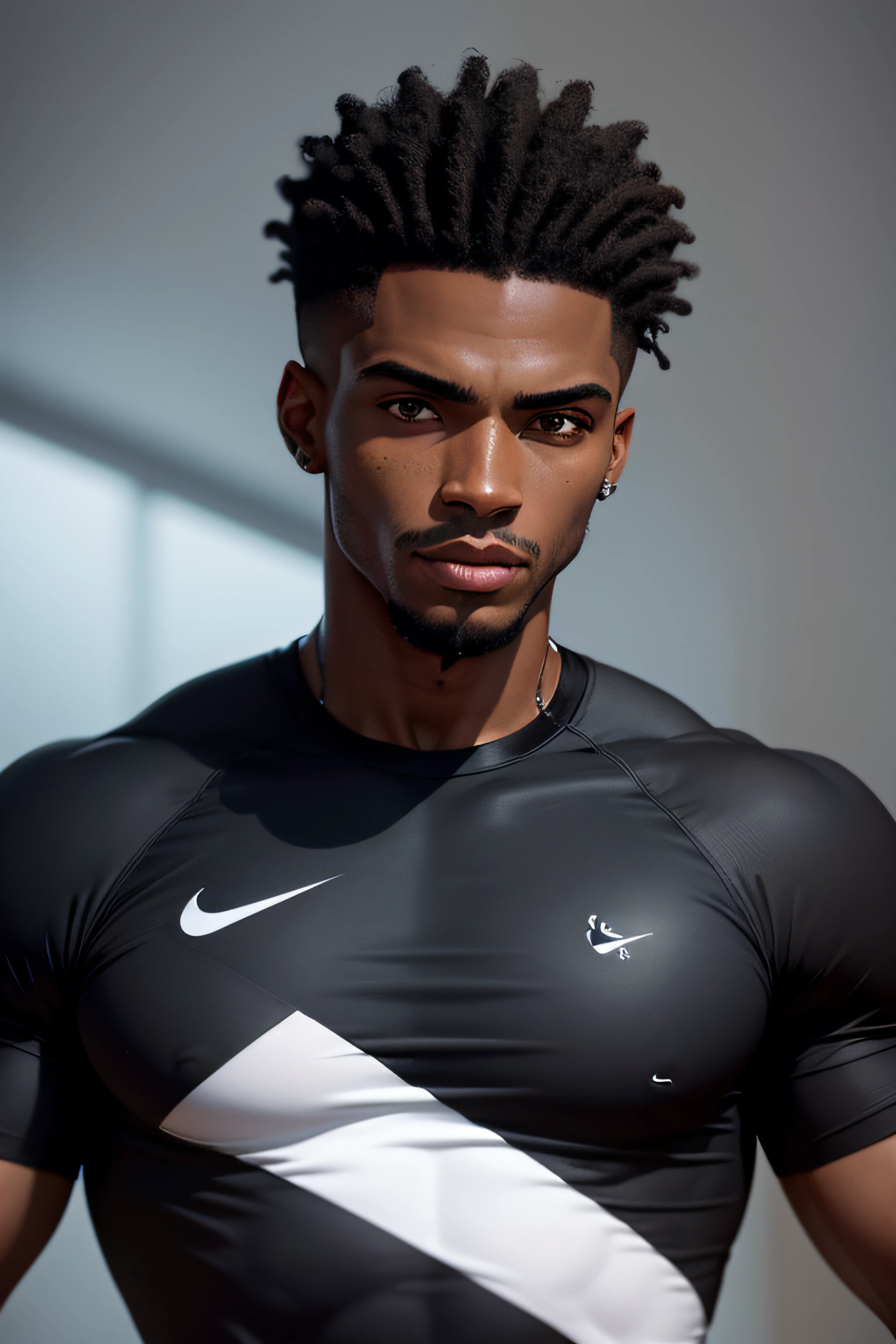 A young African, 1boy, black skin, fleshy mouth, detailed skin, 1boy, ((realistic)), abs, good lighting quality, muscular veins, ((pale skin)), football player, African cloth shorts, African tribal background, (masterpiece, ultra quality, high resolution, 8k, intricate: 1.2), (detailed face: 1.2), handsome, wearing tight white football uniform, bulge, 1boy, solo, looking at the viewer, balance eyes,  (((from below))), fourth, (eye contact),