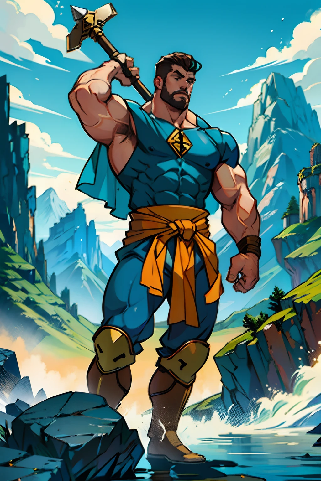 A man who is a heroic muscular man, holding up a large hammer, background is a brick wall, with distant mountains, mood is strength, enterprise, bravery, power, daytime light, character design.