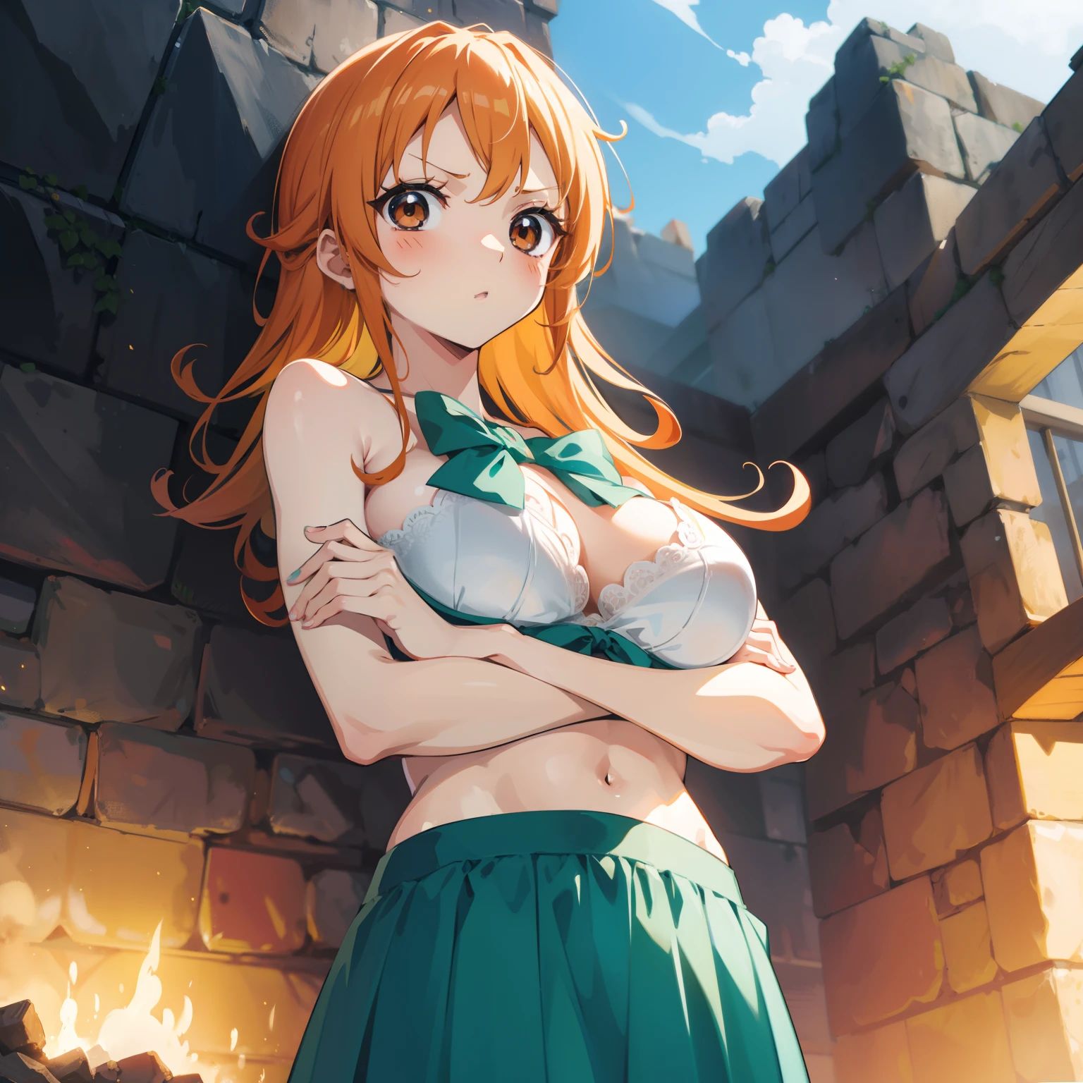 masterpiece, nami one piece, best quality, ultra-detailed, epic lighting, cinematic composition, anime coloring, 2d, anime, 1girl, solo, big breasts, hair orange, hair rings, brown eyes,wearing bra, green bow, bare shoulders, blue skirt, looking at viewer, :o, blush, crossed arms, from below, tavern (8k:1.1),nsfw, showing breast