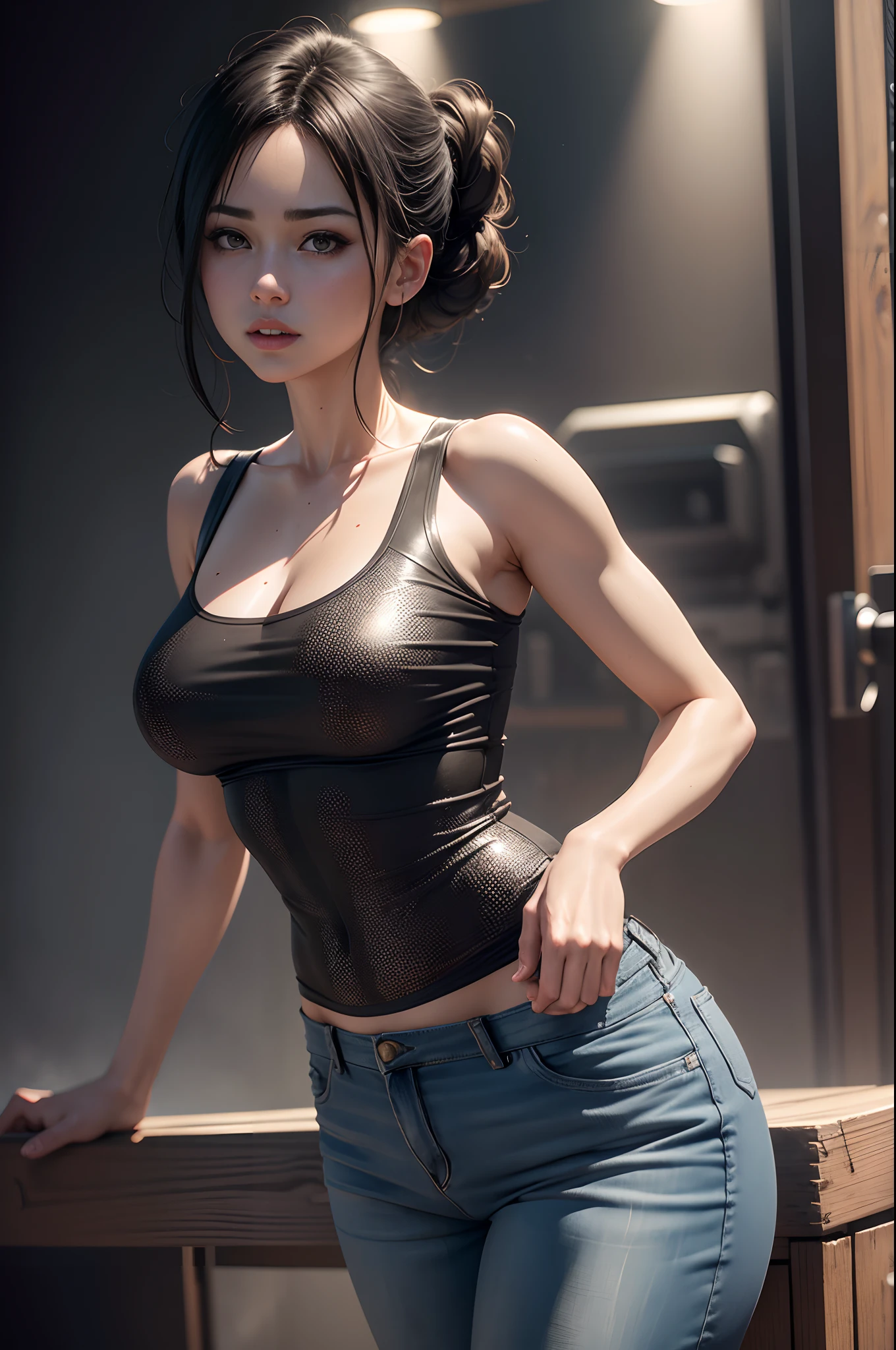 Beautiful mature Spanish woman、white tank tops、Black denim pants、((Slimed、小柄))、Photorealsitic、a picture、masterpiece、reallistic、真实感、photorealisim、High contrast、Photorealistic Art Station Trend Digital Art 8k HD High Resolution Explanation Real, detaileds, Skin Texture, ultra-detailliert, realistic skin textures, armature, top-quality, 超A high resolution, (Photorealsitic:1.4),, hight resolution, detaileds, Raw foto, Sharp Re, Nikon D850 Film Stock Photo by Lee Jefferies 4 Kodak Portra 400 Camera F1.6 lenses rich colors hyper realistic lifelike textures dramatic lighting unreal engine artstation trends synestil 800,