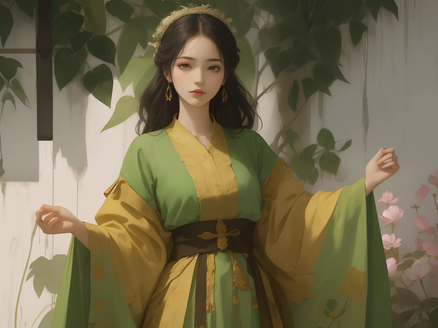 Best quality、tmasterpiece、A high resolution、1 flat-chested girl、HD photo of upper body、Green porcelain soft satin dress、Green dress，Green robe，Delicate hair accessories、Fine Necklace、detailed jewellery、pretty  face、Physically、Flat and thin body，smallunderboob，Tyndall effect、realisticlying、Surrounded by white flowers、White flowers，edge lit、Surrounded by white flowers、bicolor lighting、（highdetailskin：1.2）、8K, Ultra HD、Digital SLR、softlighting、high high quality、volumettic light、sneak shot、photore、A high resolution、4K、8K、The background is blurred out，