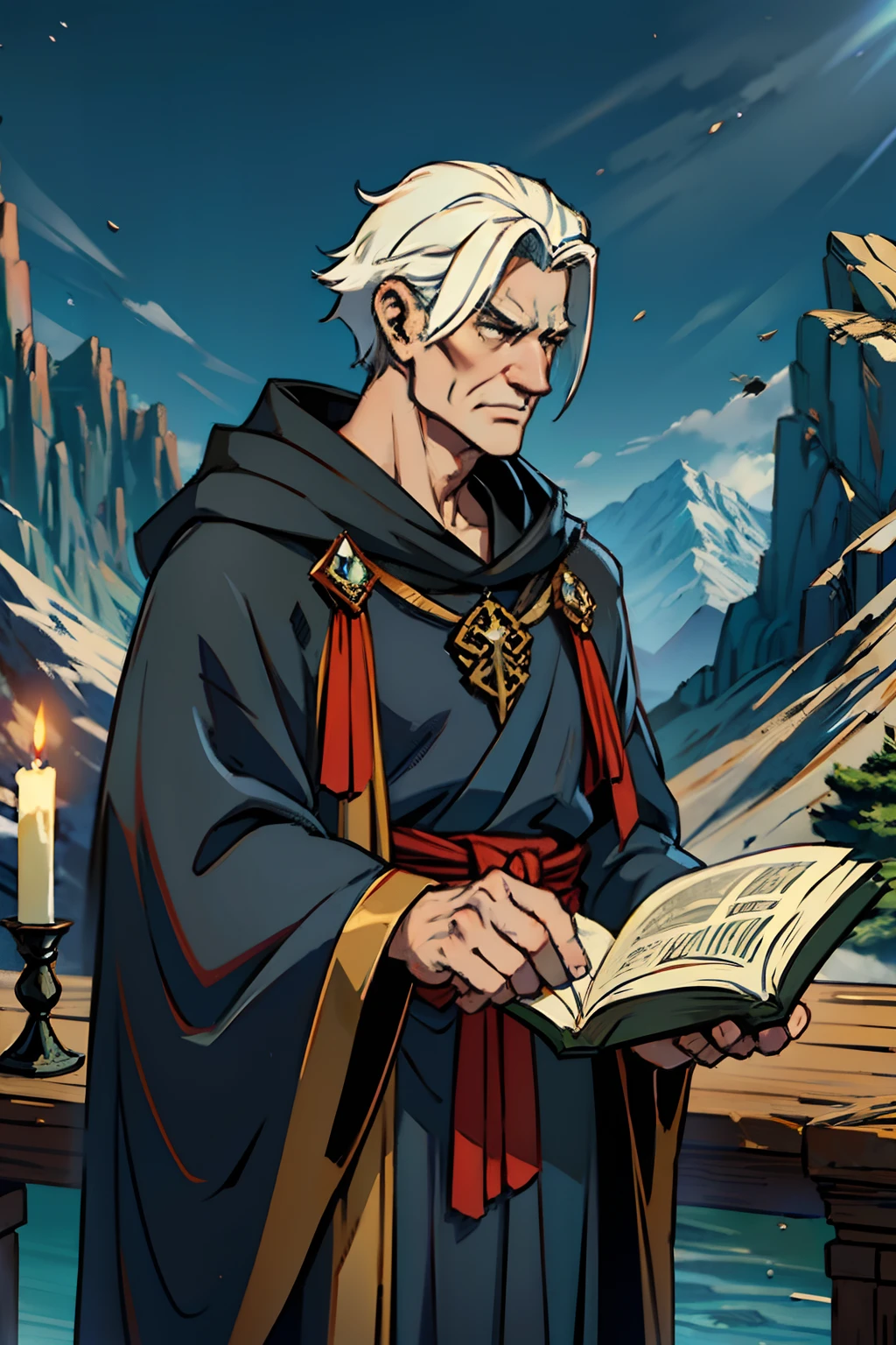 A man who is a mysterious old wizard, wearing an ornamental black robe and pointy hat, standing behind a table, holding an open book, background is a single mountain in distance, mood is diplomatic, regulated, temperate, daytime light, character design.