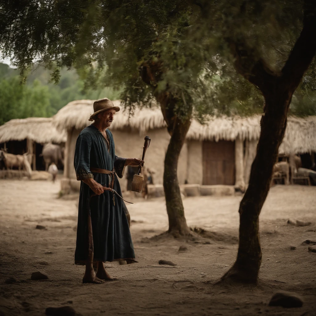 ((masterpiece)), (top quality), (best quality), A medieval village, huts with stone walls and thatched roofs, a dirt path, exotic trees, people tending to wear long robes and tunics, atmospheric, medieval, cinematic, real photo