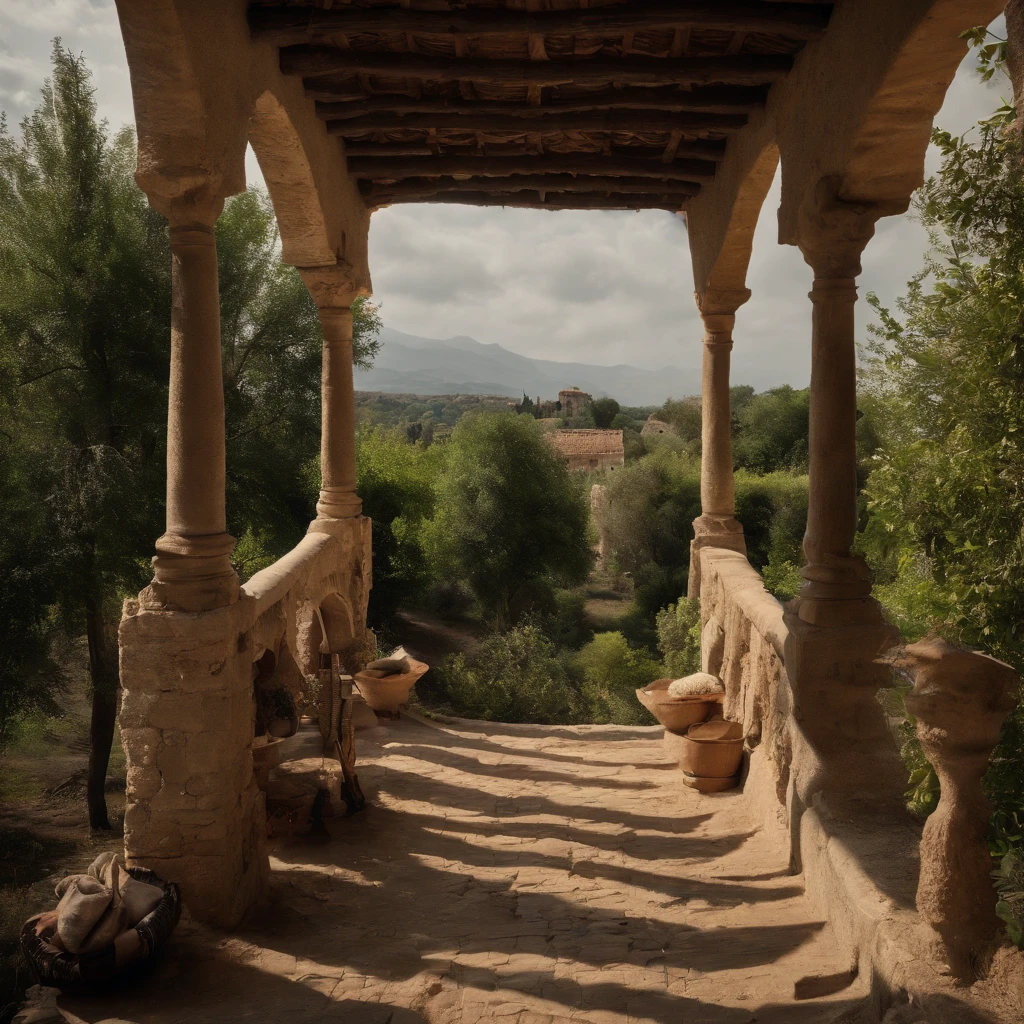 ((masterpiece)), (top quality), (best quality), A medieval village, huts with stone walls and thatched roofs, a dirt path, exotic trees, people tending to wear long robes and tunics, atmospheric, medieval, cinematic, real photo