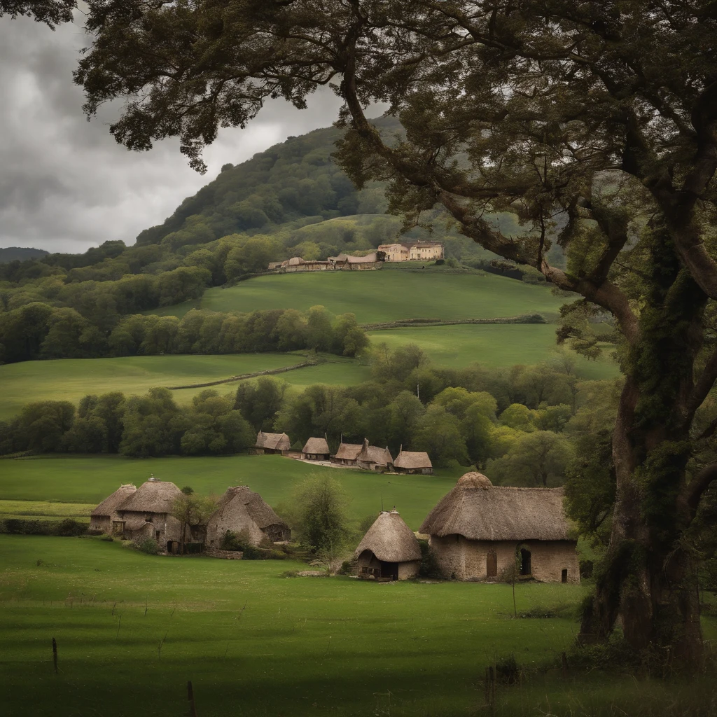 ((masterpiece)), (top quality), (best quality), A medieval village, huts with stone walls and thatched roofs, a dirt path, exotic trees, people tending to wear long robes and tunics, atmospheric, medieval, cinematic, real photo