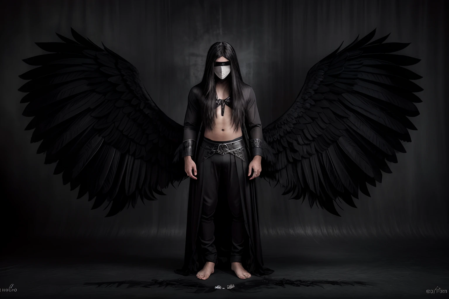 1man, solo, dark room, holding a black karnaval mask in his hands, (long gray hair:1.3), black huge angel wings, devastated look, standing, (full body:1.4), glass shards, melancholy
darkener:1.5
detailer:-1.0