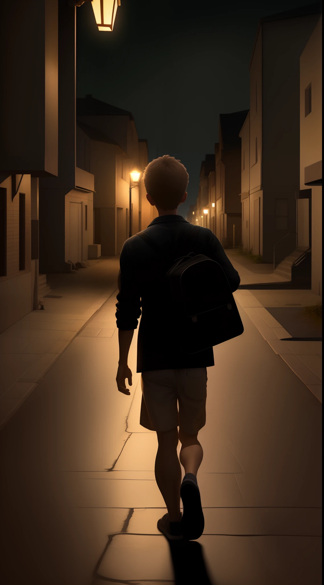 Street light and a back side of alone boy moving on a street 8k uhd