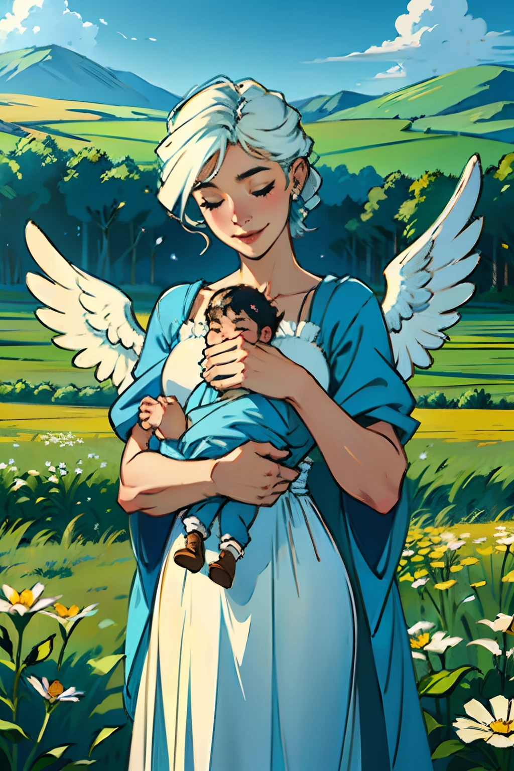 A woman with white angel wings, in a long blue dress, holding a happy baby, background is a farmer’s field, mood is progressive, appreciative, nurturing, nourishing, daytime light, character design.