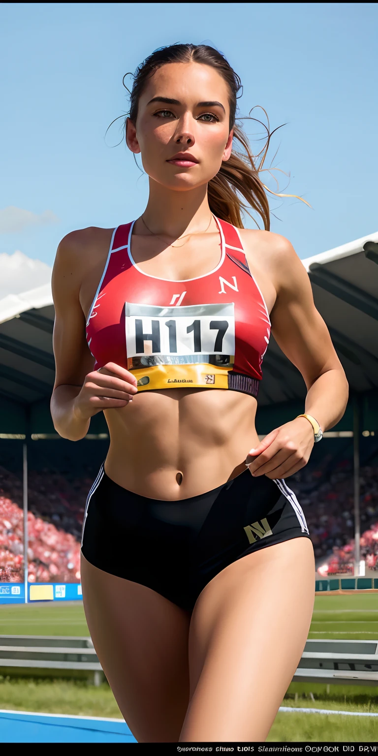 (8k,Ultra-high resolution,Highest quality,masterpiece,Realistic,Ultra-high resolution,High-quality RAW color photos,Professional photos,Realistic,Realistic:1.1),Natural skin texture,Fine skin,Hyperrealism,Intricate details,Adult women,Eye highlights.Lip gloss,Glossy Lips,((Cute smile,Short Hair,Marathon runner,Athletics Stadium,White separate uniform for track and field athletes,Black competition bloomers,running pose:1.4)),running shoes,((Be sure to wear high-cut bloomers for competitions.:1.5)),(((gigantic breast,A long chest that hangs down quite a bit,Big Breasts),Underboob,Always running:1.3))