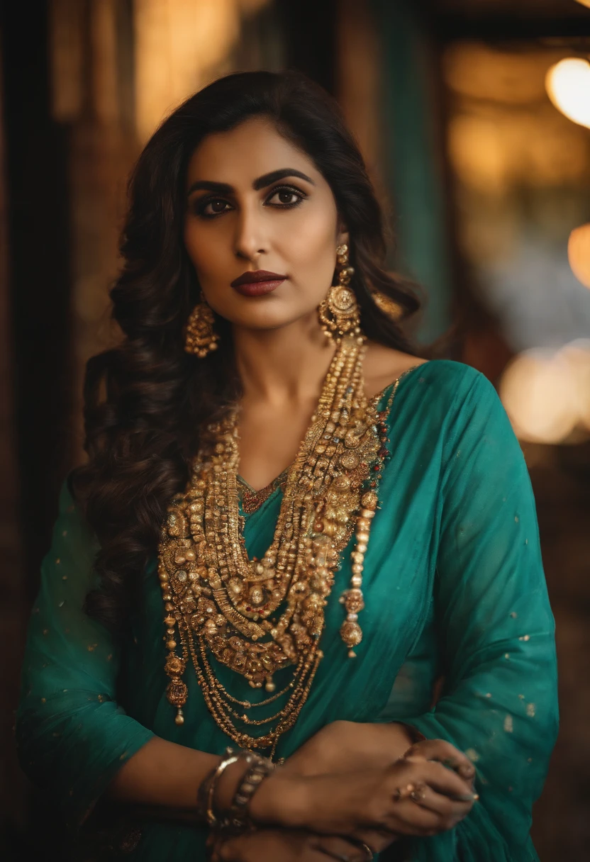 In traditional pakistani peshawari suit, seductive pose, standing in front of mcdonalds, wearing diamond necklace, wearing spectacles