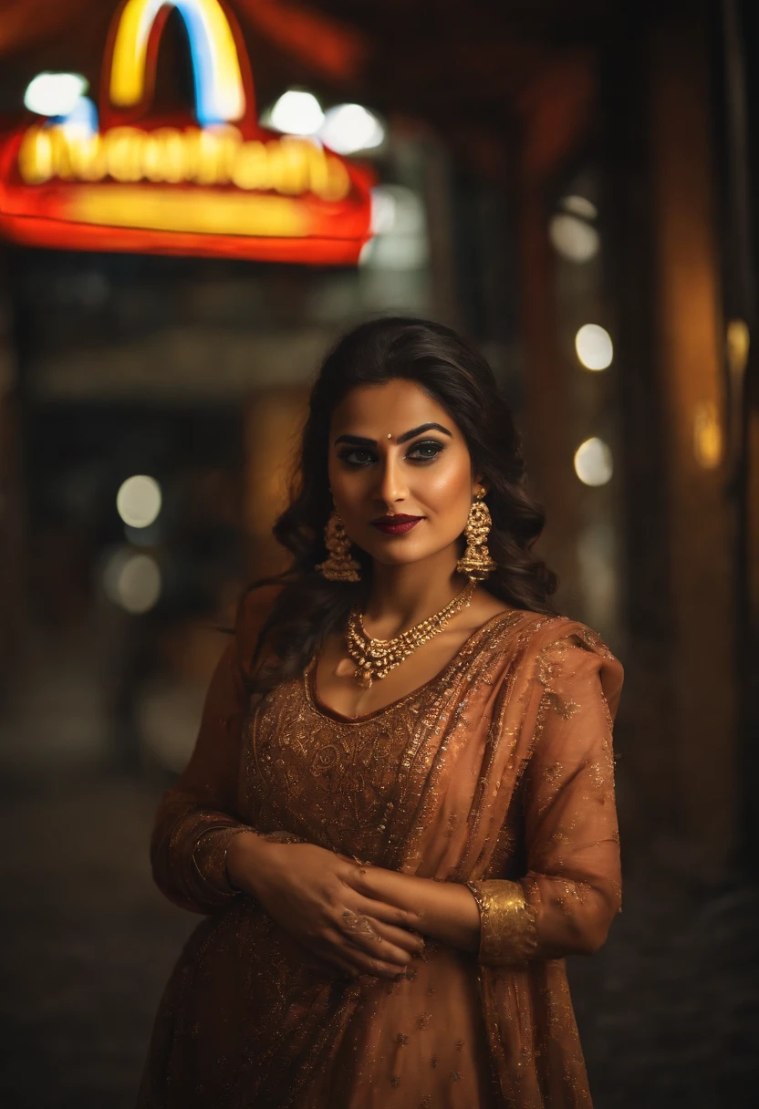In traditional pakistani peshawari suit, seductive pose, standing in front of mcdonalds, wearing diamond necklace, wearing spectacles