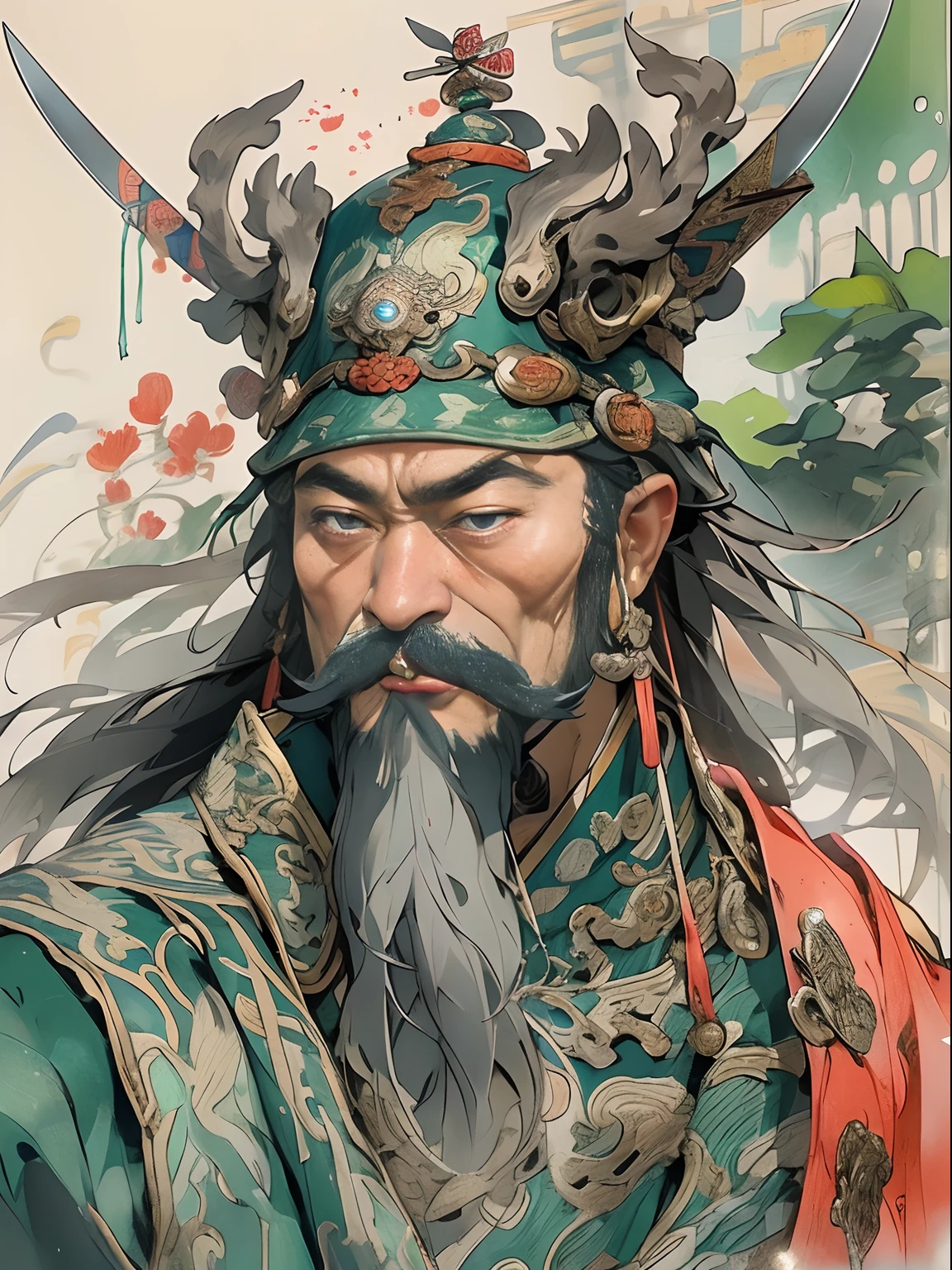 (((China-style,Ink painting method,Half-length portrait,Intense color,Han dynasty, China,Hanfu,Armor,Guan yu,Guan Yunchang,of a guy,Ruddy killing square face,Hold the Blue Dragon Moon Knife in his right hand,Stroke your beard with your left hand,Long hair,petty eyes,Green robe))), (((best qualityer))), (((tmasterpiece))), (((AS-Adult))), ((( Japanese ))), Look up from your knees, Handsome Asian samurai,perfect body figure, Modern samurai, ((( Asian))), Wear gloves on your hands,The left arm is made of steel and metal tips,Made of protective devices, The eyes are pulled, (( Appears below the chest )), (( Small dental floss )), Simon Bisley, Almost naked(Simon Bisley)Castle City Wilderness,For high-resolution posters, hair straight, Minimum clothing, armure (Crazy clothes ), Full of tips and rivets, tribal tattoos, (((full bodyesbian))), Straight brunette hair,Colored hair ends