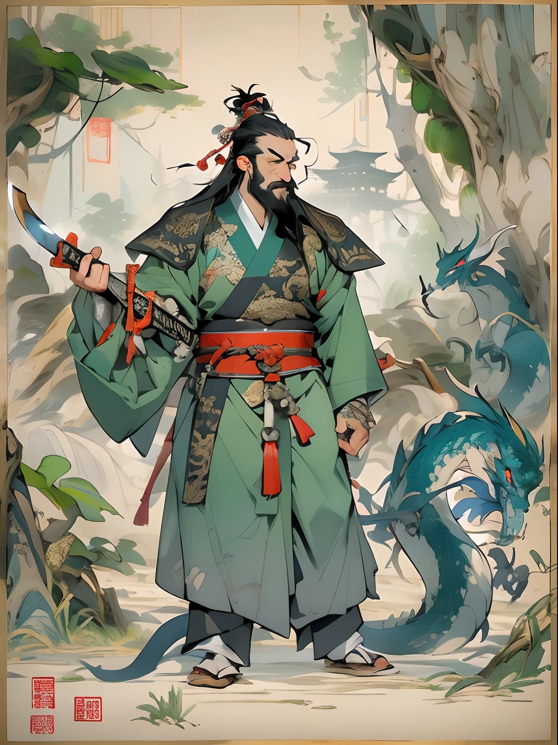 (((China-style,Ink painting method,Half-length portrait,Intense color,Han dynasty, China,Hanfu,Armor,Guan yu,Guan Yunchang,of a guy,Ruddy killing square face,Hold the Blue Dragon Moon Knife in his right hand,Stroke your beard with your left hand,Long hair,petty eyes,Green robe))), (((best qualityer))), (((tmasterpiece))), (((AS-Adult))), ((( Japanese ))), Look up from your knees, Handsome Asian samurai,perfect body figure, Modern samurai, ((( Asian))), Wear gloves on your hands,The left arm is made of steel and metal tips,Made of protective devices, The eyes are pulled, (( Appears below the chest )), (( Small dental floss )), Simon Bisley, Almost naked(Simon Bisley)Castle City Wilderness,For high-resolution posters, hair straight, Minimum clothing, armure (Crazy clothes ), Full of tips and rivets, tribal tattoos, (((full bodyesbian))), Straight brunette hair,Colored hair ends