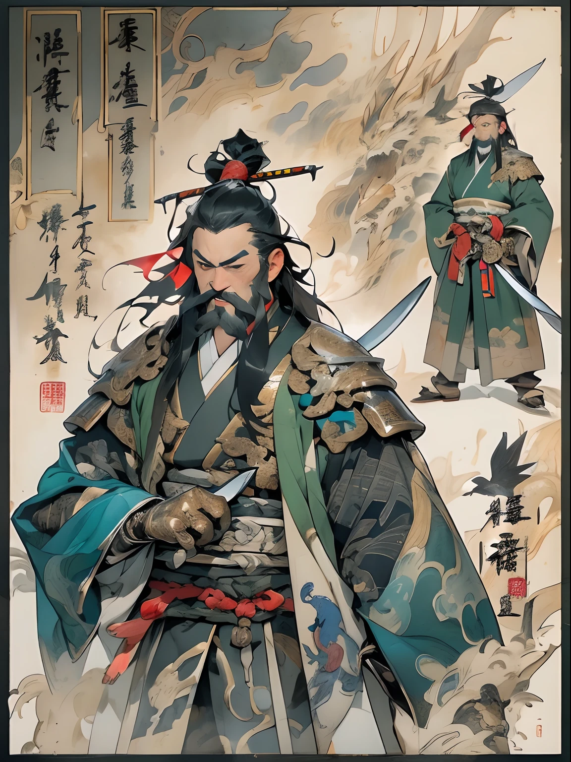 (((China-style,Ink painting method,Half-length portrait,Intense color,Han dynasty, China,Hanfu,Armor,Guan yu,Guan Yunchang,of a guy,Ruddy killing square face,Hold the Blue Dragon Moon Knife in his right hand,Stroke your beard with your left hand,Long hair,petty eyes,Green robe))), (((best qualityer))), (((tmasterpiece))), (((AS-Adult))), ((( Japanese ))), Look up from your knees, Handsome Asian samurai,perfect body figure, Modern samurai, ((( Asian))), Wear gloves on your hands,The left arm is made of steel and metal tips,Made of protective devices, The eyes are pulled, (( Appears below the chest )), (( Small dental floss )), Simon Bisley, Almost naked(Simon Bisley)Castle City Wilderness,For high-resolution posters, hair straight, Minimum clothing, armure (Crazy clothes ), Full of tips and rivets, tribal tattoos, (((full bodyesbian))), Straight brunette hair,Colored hair ends