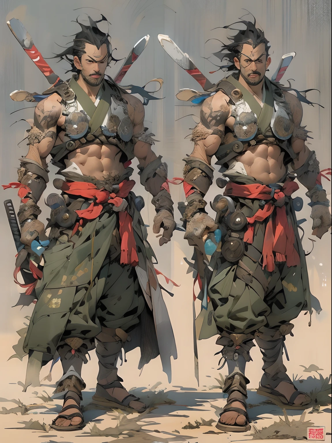 (((mtu))), (((best qualityer))), (((tmasterpiece))), (((AS-Adult))), ((( Japanese ))), Look up from your knees, Handsome Asian samurai，perfect body figure, Modern samurai, ((( Asian))), Wear gloves on your hands，The left arm is made of steel and metal tips，Made of protective devices, The eyes are pulled, (( Appears below the chest )), (( Small dental floss )), Simon Bisley, Almost naked（Simon Bisley）Castle City Wilderness，For high-resolution posters, hair straight, Minimum clothing, armure (Crazy clothes ), Full of tips and rivets, tribal tattoos, (((full bodyesbian))), Straight brunette hair，Colored hair ends