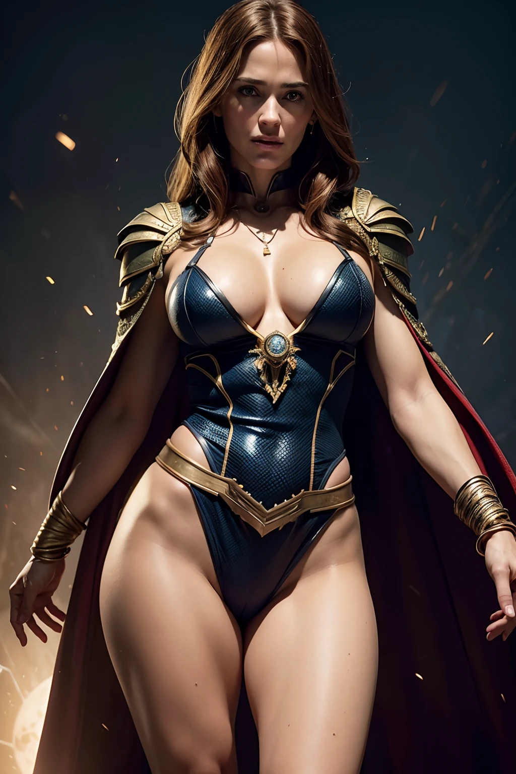 Jennifer Garner as Dr. strange performing magic spell, wearing Dr. Strange cape, wearing Eye of Agamotto necklace, big necklace,(dynamic pose), defined muscles, red hair, athletic build, tight costume, very beautiful, ((sexy, small natural breast, cleavage, nippin, camel toe)), (highly detailed skin: 1.2), serious face, beautiful face, highly detailed skin, skin pores, (highly detailed face:1.1), (highly detailed eyes:1.1), realistic pupils, full face blush, full lips, (perfect anatomy:1.1), (perfect proportions:1.1), (photography:1.1), (photorealistic:1.1), volumetric lighting, dynamic lighting, real shadows, (highres:1.1), sharp focus, (realistic, hyperrealistic:1.4), intricate, high detail, dramatic, subsurface scattering, vivid, polished, sharpened, 35mm, 8k