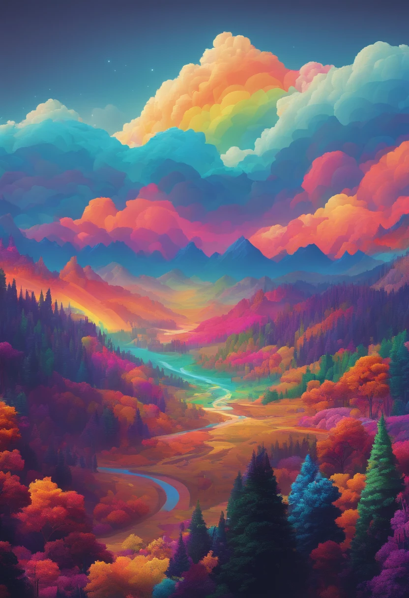 A vibrant, pixelated landscape of code, illuminated by a rainbow of colors, seen from the perspective of a developer's desktop.