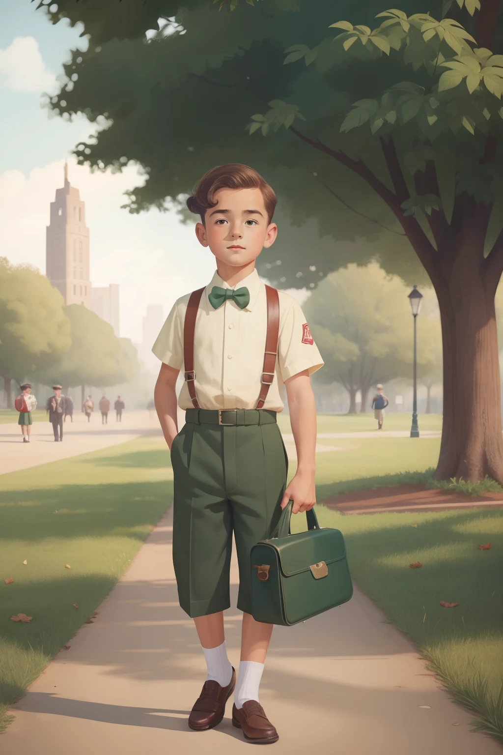 A 1940s boy in a park ((in the style of "OMITB"))