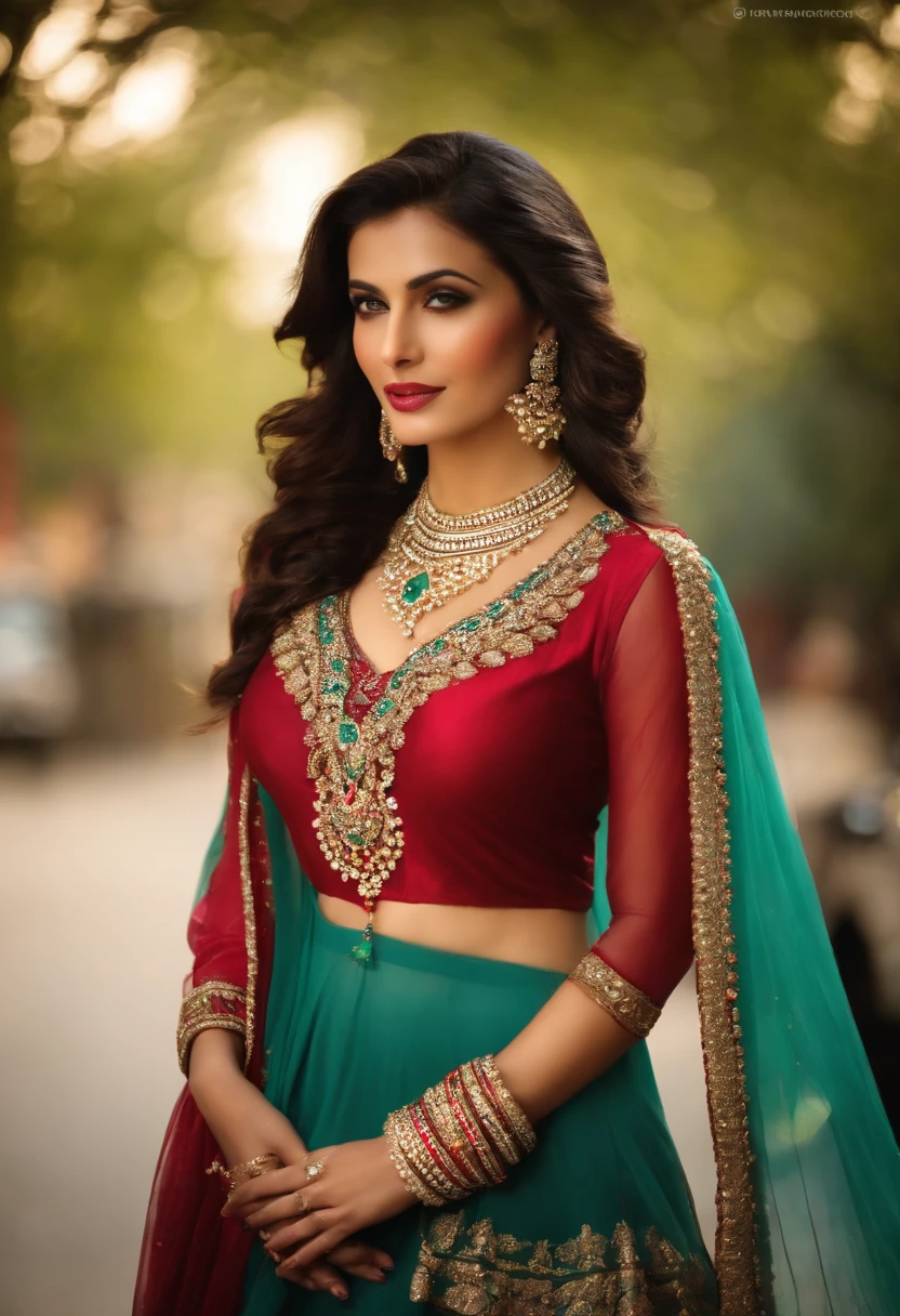 In traditional pakistani dresses, seductive pose, standing in street, wearing diamond necklace, hands on breast