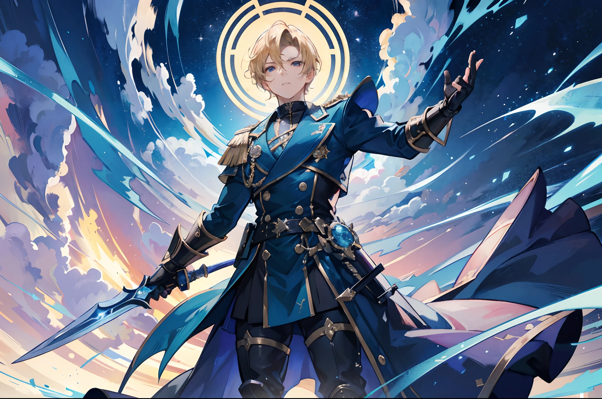 Froy Gutierrez with blonde short hair, blue coat, pair of gauntlets, raising his right hand armed with a sword up in the horizon as he points it towards the sky overflowing with energy and glowing with light, with a battlefield as background, Masculine facial features, looking upwards, Mouth wide open, Masterpiece, surrealism, 8k, Anime art style