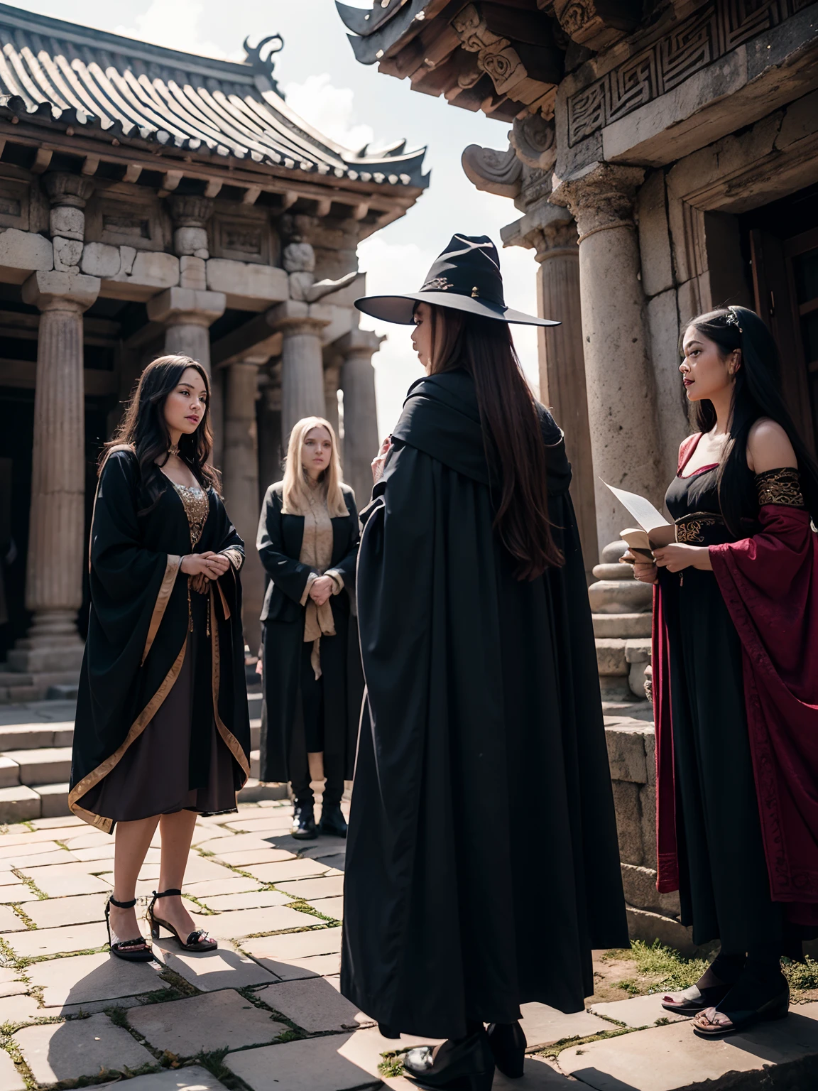 a group of witches meeting at an ancient temple. The group is led by a beautiful witch, extremely detailed witch