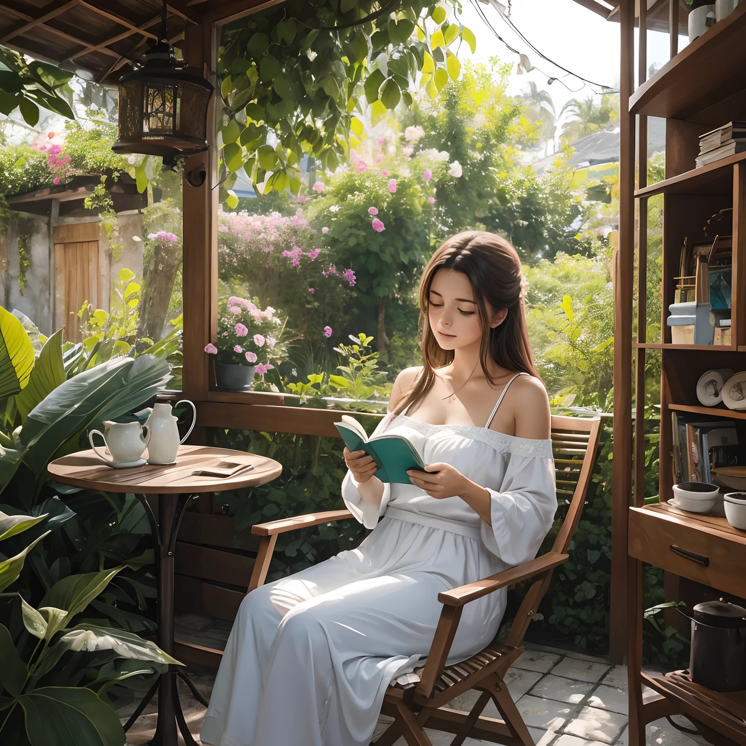((uma pintura em aquarela)) of a woman sitting in a chair reading a book and drinking coffee, arte conceitual relaxante, fundo aconchegante da casa, sentado no jardim, summer afternoon, Papel de parede aconchegante, sentado com flores, pintura realista da menina bonito, in a comfortable chair, sentada em seu quarto, Hangout da tarde, fanart detalhado, Fanart oficial, lugar aconchegante, Estilo de desenho bonito, cozy cafe background, dreamy illustration