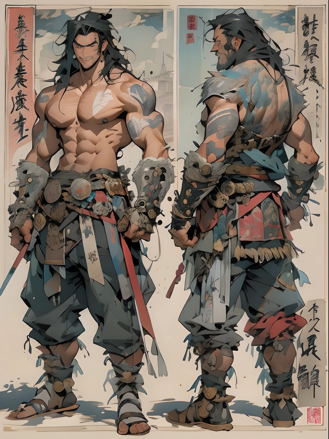 (((mtu))), (((best qualityer))), (((tmasterpiece))), (((AS-Adult))), ((( Japanese ))), Look up from your knees, Handsome Asian samurai，perfect body figure, Modern samurai, ((( Asian))), Wear gloves on your hands，The left arm is made of steel and metal tips，Made of protective devices, The eyes are pulled, (( Appears below the chest )), (( Small dental floss )), Simon Bisley, Almost naked（Simon Bisley）Castle City Wilderness，For high-resolution posters, hair straight, Minimum clothing, armure (Crazy clothes ), Full of tips and rivets, tribal tattoos, (((full bodyesbian))), Straight brunette hair，Colored hair ends