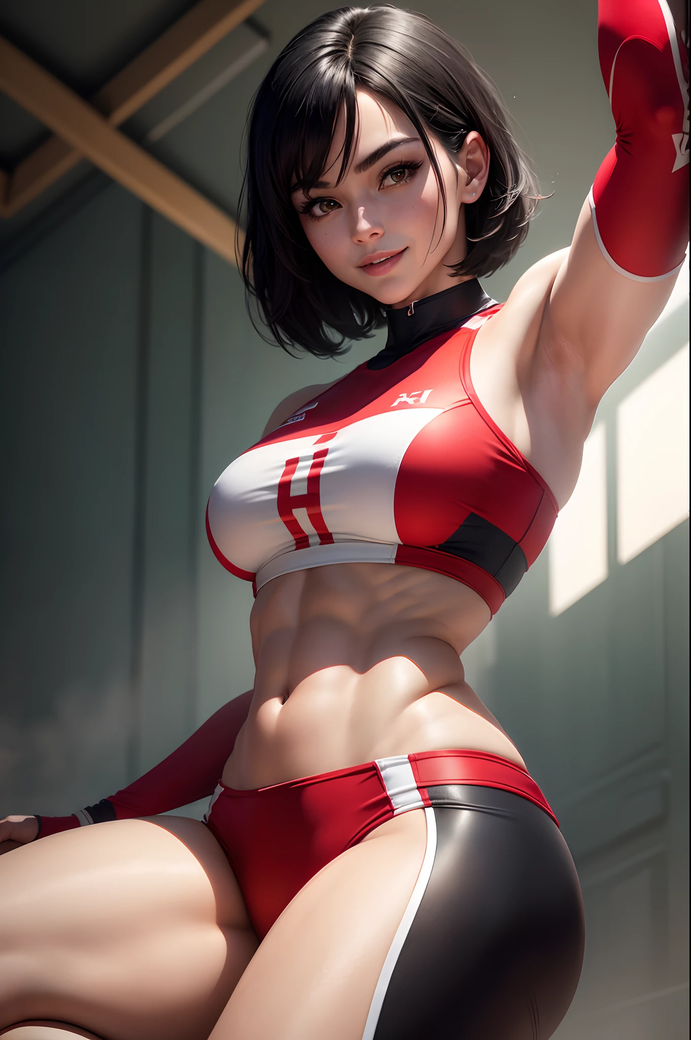 (8K,Photorealsitic Raw photography top-quality;1.4) (1 mature female) Super beauty (Lifelike face) Muscular and macho female body (Black Hair Short Bob) Volleyball player a smile White and red uniform enticing Beautiful expression Jumping power and dynamism Green and red uniform 超A high resolution A hyper-realistic real looking skin high detal Gymnasium