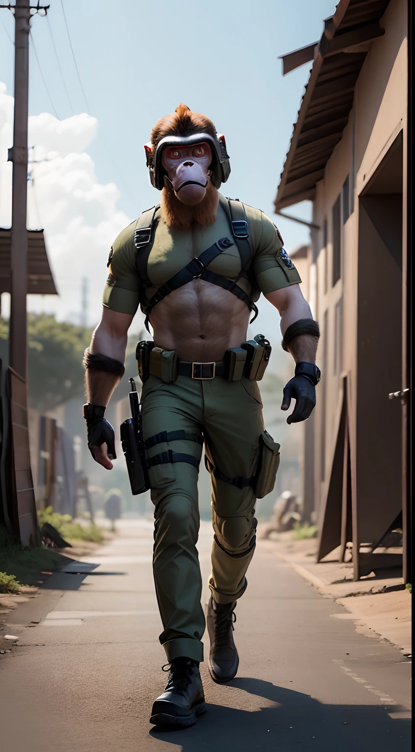 solider, monkey head, battle field, full body, S.W.A.T. style