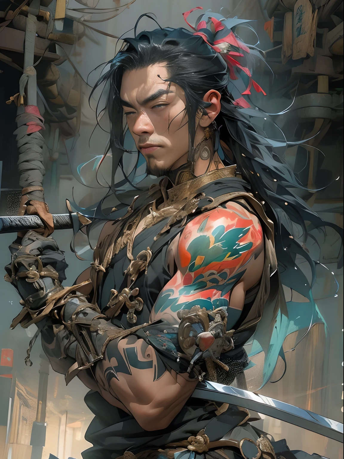 (((mtu))), (((best qualityer))), (((tmasterpiece))), (((AS-Adult))), ((( Japanese ))), Look up from your knees, Handsome Asian samurai,perfect body figure, Modern samurai, ((( Asian))), Wear gloves on your hands,The left arm is made of steel and metal tips,Made of protective devices, The eyes are pulled, (( Appears below the chest )), (( Small dental floss )), Simon Bisley, Almost (Simon Bisley)Castle City Wilderness,For high-resolution posters, hair straight, Minimum clothing, armure (Crazy clothes ), Full of tips and rivets, tribal tattoos, (((full bodyesbian))), Straight brunette hair,Colored hair ends