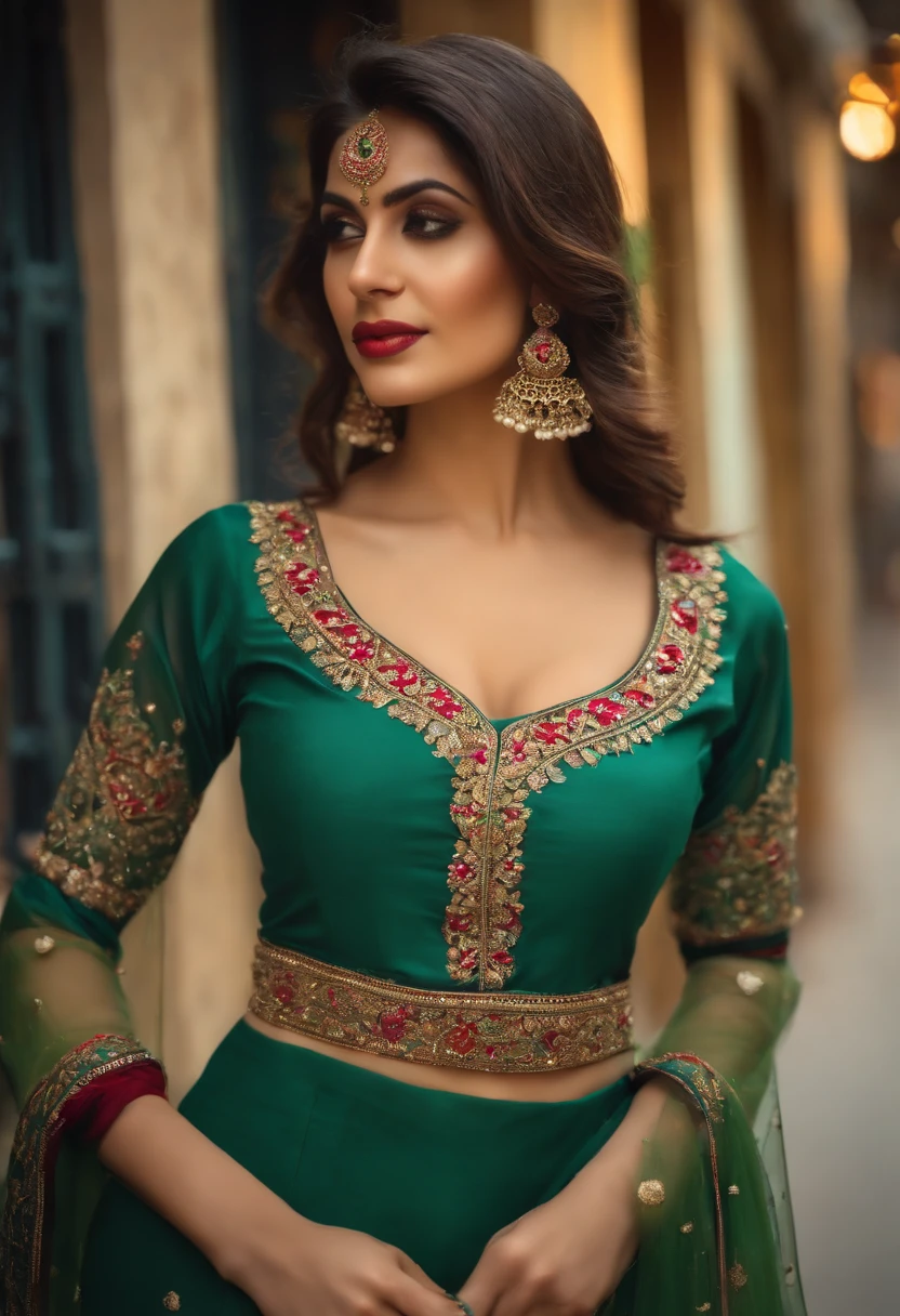 In traditional pakistani dresses, seductive pose, standing in street, wearing deep nexk blouse, hands on boobs, showing cleavage