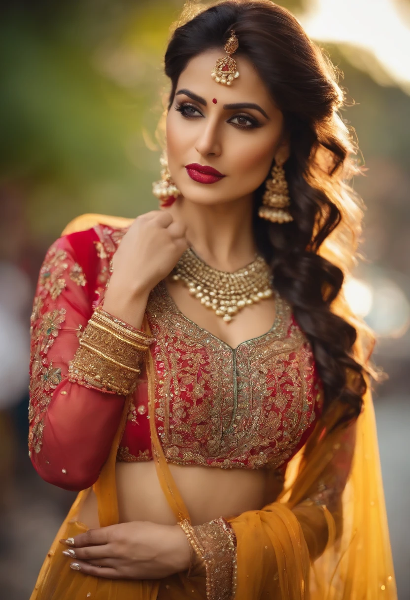 In traditional pakistani dresses, seductive pose, standing in street, wearing deep nexk blouse, hands on boobs, showing cleavage