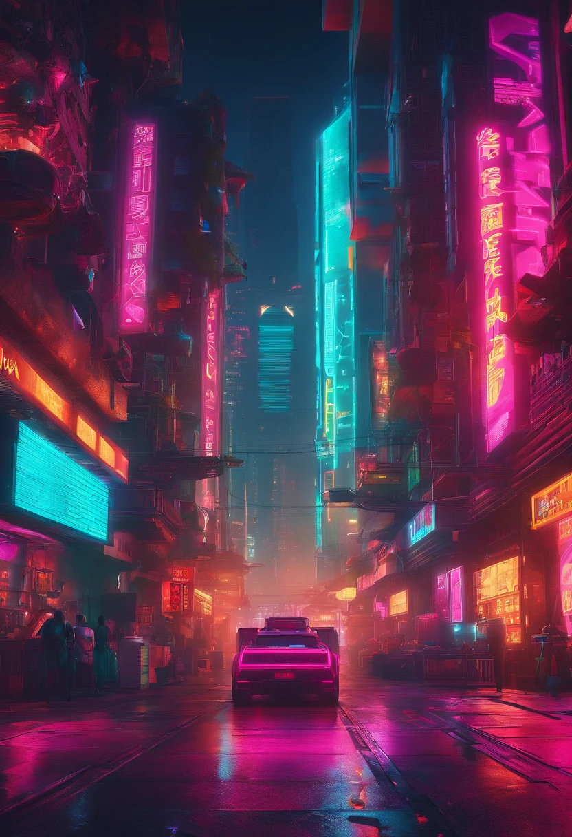 uma rua futurista no halloween, cores neon, estilo cyberpunk, 8k