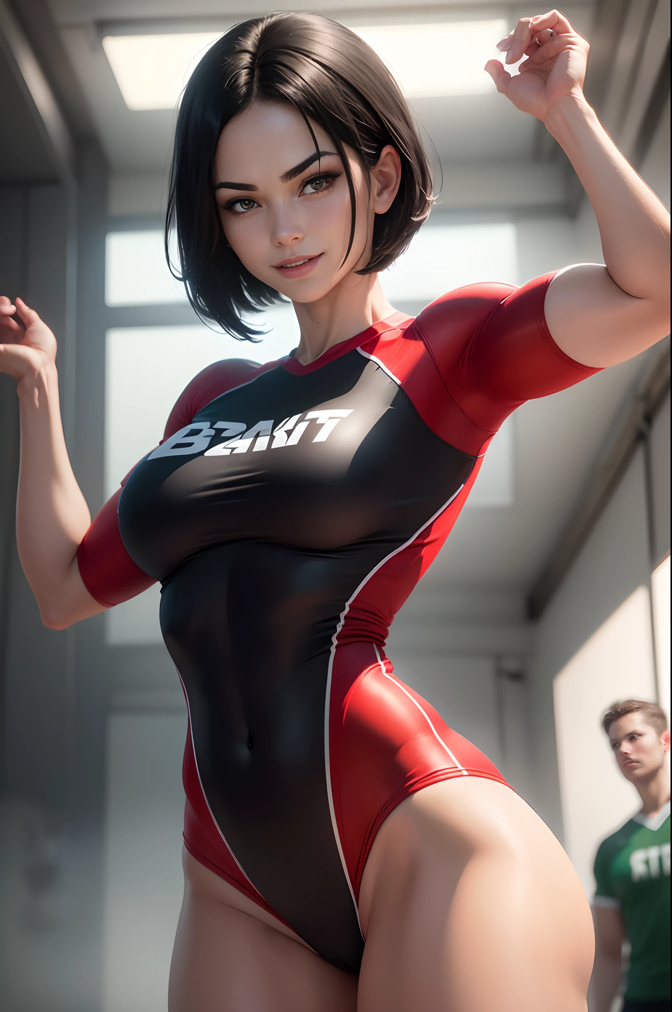 (8K,Photorealsitic Raw photography top-quality;1.4) (1 mature female) Super beauty (Lifelike face) Muscular and macho female body (Black Hair Short Bob) Volleyball player a smile White and red uniform enticing Beautiful expression Jumping power and dynamism Green and red uniform 超A high resolution A hyper-realistic real looking skin high detal Gymnasium