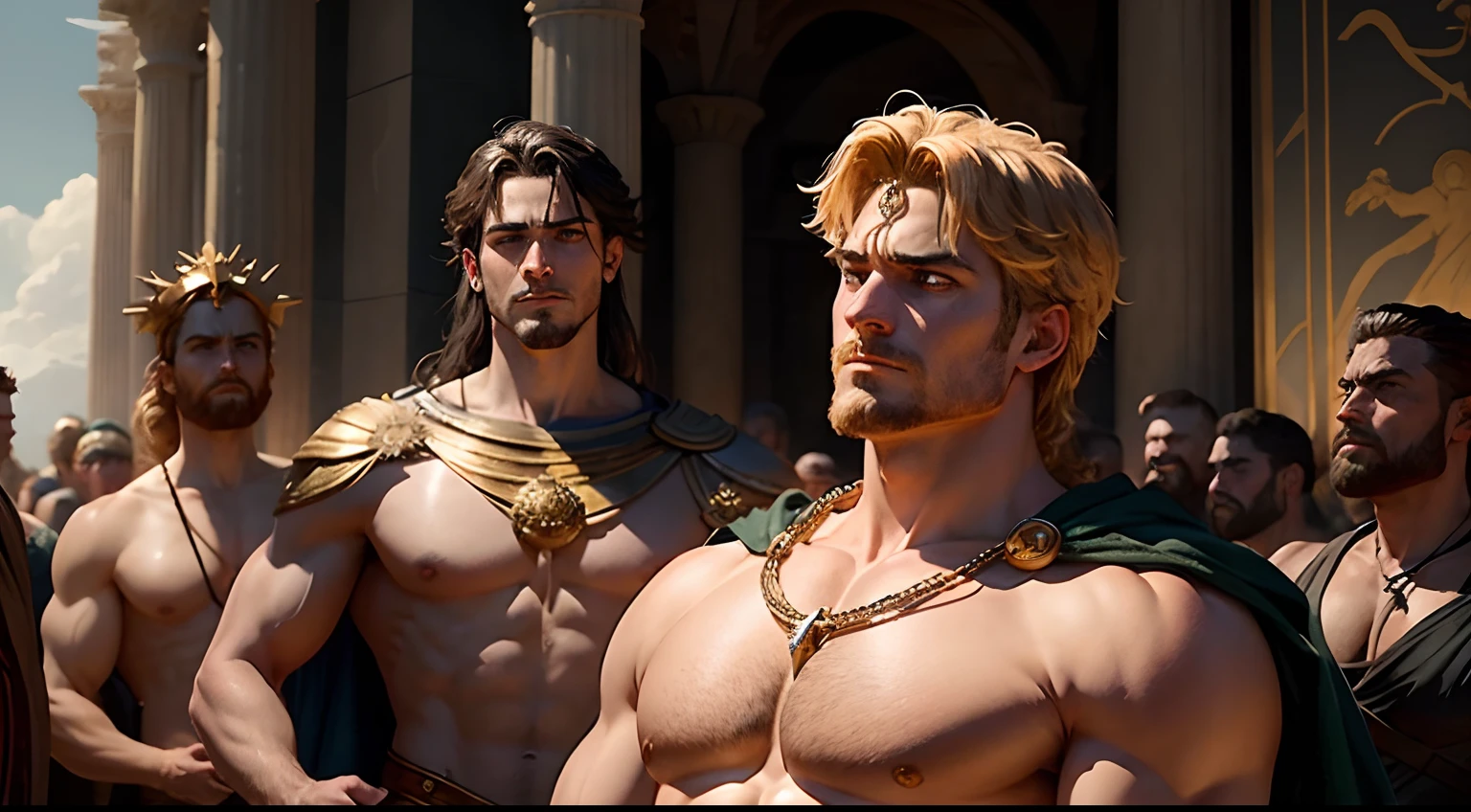 Generate an image that captures the intense moment when King Eurystheus, filled with a mix of envy and apprehension, gazes upon the mighty Hercules, contemplating the hero's remarkable feats and the challenges he has imposed on him through the Twelve Labors