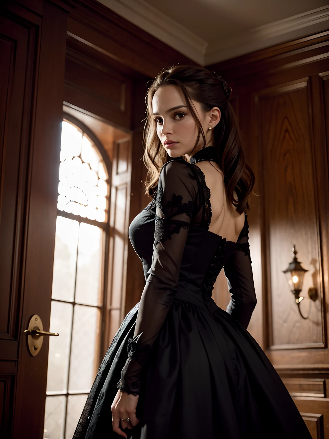 Natalie Portman, a fiercely talented Hollywood actress with her striking features and deep, contemplative gaze, is stood within the eerie confines of a haunted house. She is ageless, her petite figure adorned in a vintage Victorian dress, the fabric in hues of dark burgundy and black: intricate lacework entwining over the silken material, her brunette locks twisted into a loose, romantic updo. Her expression is a mix of fear and resolve, her eyes wide and focused::10. The haunted house around her is a masterpiece of Gothic architecture, with sinister shadows, cobwebs stretched in corners, flickering candles casting an otherworldly glow on worn wooden floorboards and the crumbling plaster of the walls. The creaky staircase spirals upwards into the ominous darkness, enhancing the sinister atmosphere of the place. There's a portrait on the wall, covered in a thin layer of dust, enhancing the mystery of the space::4. There is a palpable sense of unease, a chilling suspense hangs in the air: every creak, every whisper amplified in the daunting silence. The atmosphere is electric, chilling yet entrancing, the haunted house seems to have a life of its own::9. The photograph of Natalie Portman in this haunted backdrop is envisioned through the lens of a Leica S3 Medium Format DSLR. With an aperture setting of f/2.8, the focus remains on Natalie amidst the eerie setup. The choice of backlighting lends a luminous touch to the actress herself, drawing focus, yet casting enough light to capture the intricate details of the haunted house. The image predominantly features darker tones with few vivid sparks of color and carries a certain solemn, brooding aesthetic, marked by an overriding mood of suspense and fearful anticipation
