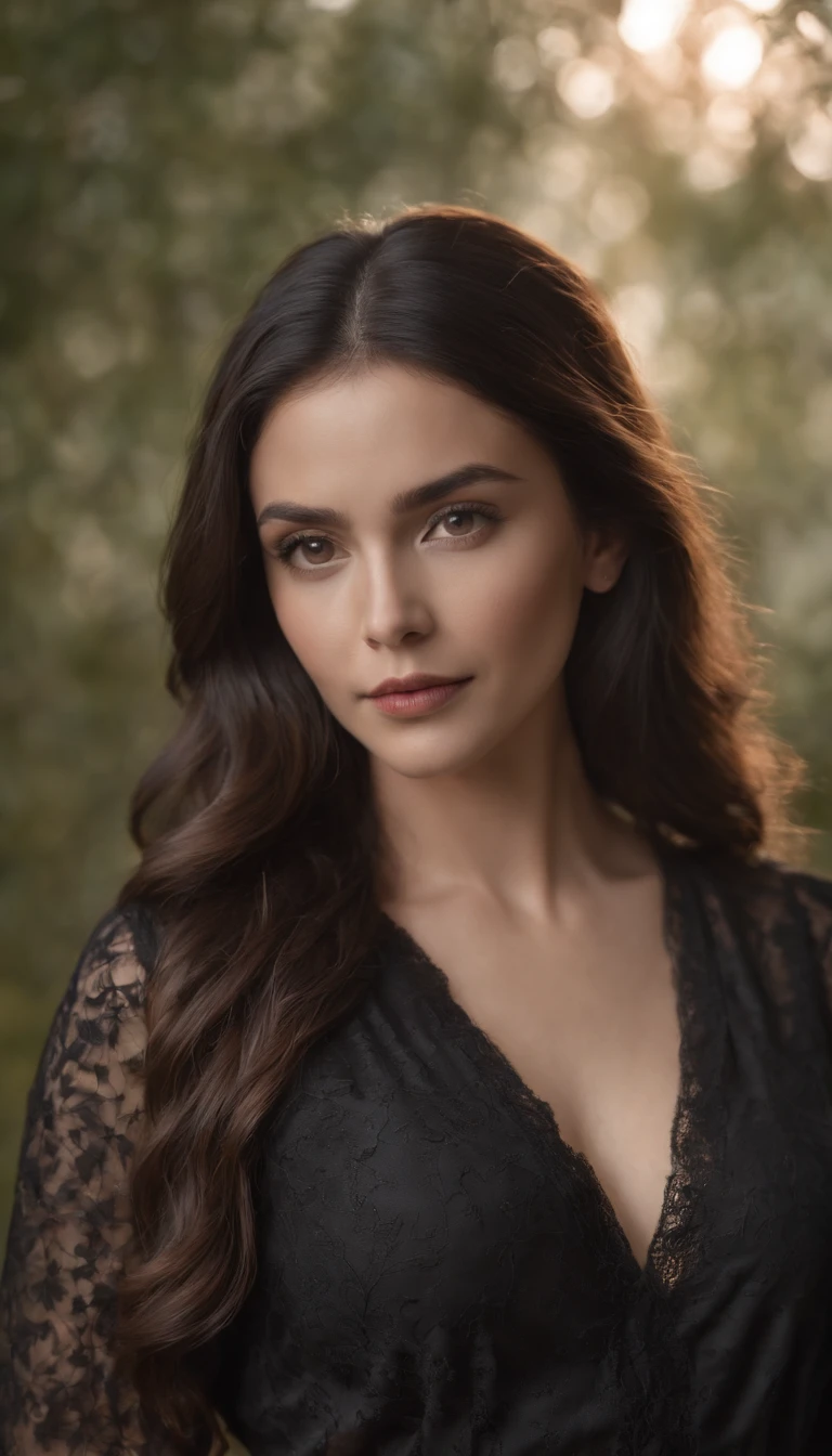 mujer morena. Cabello largo hasta la cintura  y negro. blusa negra. cuerpo completo.