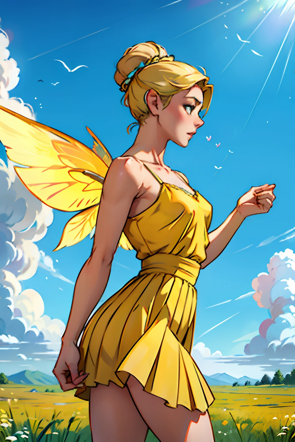 short pants, zip open, no bra, hair flying, short shirt,power dynamic pose, full body, ((twintail)),(erect nipples over clothes), ((dragonfly wings)), Temple of light, sun and moon in the sky, Greek temple.