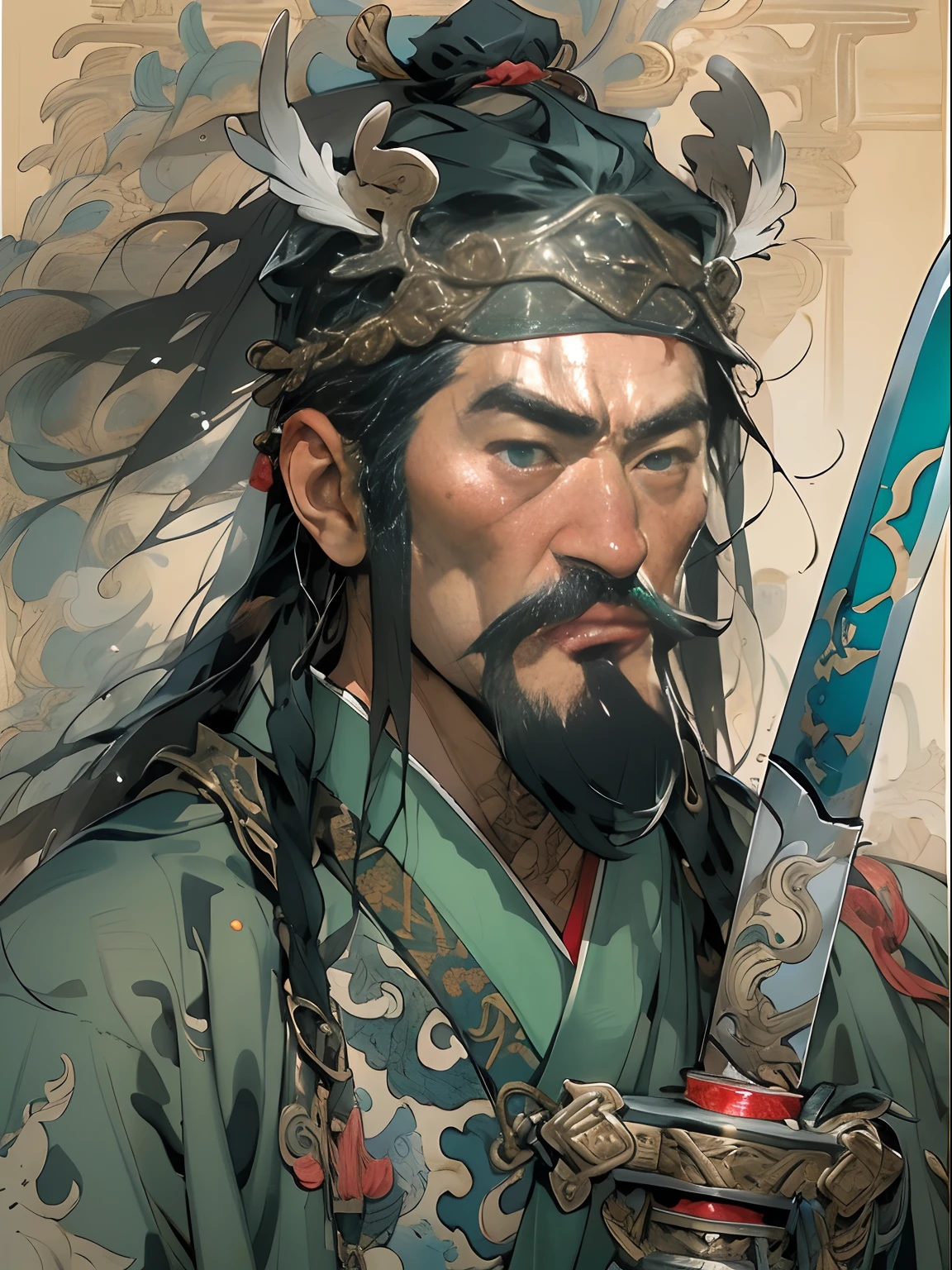 (((China-style,Ink painting method,Half-length portrait,Intense color,Han dynasty, China,Hanfu,Armor,Guan yu,Guan Yunchang,of a guy,Ruddy killing square face,Hold the Blue Dragon Moon Knife in his right hand,Stroke your beard with your left hand,Long hair,petty eyes,Green robe))), (((best qualityer))), (((tmasterpiece))), (((AS-Adult))), ((( Japanese ))), Look up from your knees, Handsome Asian samurai,perfect body figure, Modern samurai, ((( Asian))), Wear gloves on your hands,The left arm is made of steel and metal tips,Made of protective devices, The eyes are pulled, (( Appears below the chest )), (( Small dental floss )), Simon Bisley, Almost naked(Simon Bisley)Castle City Wilderness,For high-resolution posters, hair straight, Minimum clothing, armure (Crazy clothes ), Full of tips and rivets, tribal tattoos, (((full bodyesbian))), Straight brunette hair,Colored hair ends