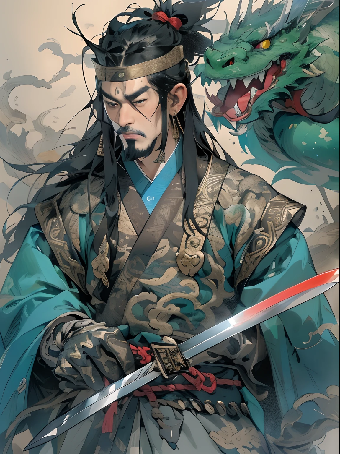 (((China-style，Ink painting method，Half-length portrait，Intense color，Han dynasty, China，Hanfu，Armor，Guan yu，Guan Yunchang，of a guy，Ruddy killing square face，Hold the Blue Dragon Moon Knife in his right hand，Stroke your beard with your left hand，Long hair，petty eyes，Green robe))), (((best qualityer))), (((tmasterpiece))), (((AS-Adult))), ((( Japanese ))), Look up from your knees, Handsome Asian samurai，perfect body figure, Modern samurai, ((( Asian))), Wear gloves on your hands，The left arm is made of steel and metal tips，Made of protective devices, The eyes are pulled, (( Appears below the chest )), (( Small dental floss )), Simon Bisley, Almost naked（Simon Bisley）Castle City Wilderness，For high-resolution posters, hair straight, Minimum clothing, armure (Crazy clothes ), Full of tips and rivets, tribal tattoos, (((full bodyesbian))), Straight brunette hair，Colored hair ends