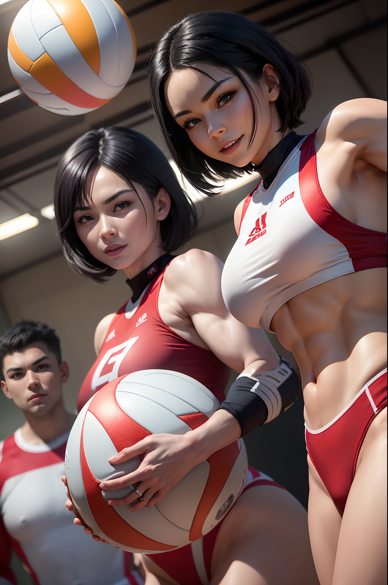 (8K,Photorealsitic　Raw photography　top-quality;1.4) 　(1 mature female)　Super beauty　(Lifelike face)　Muscular and macho female body　(Black Hair Short Bob)　Volleyball player　a smile　White and red uniform　enticing　Beautiful expression　Jumping power and dynamism　Green and red uniform　超A high resolution　A hyper-realistic　real looking skin　high detal　Gymnasium